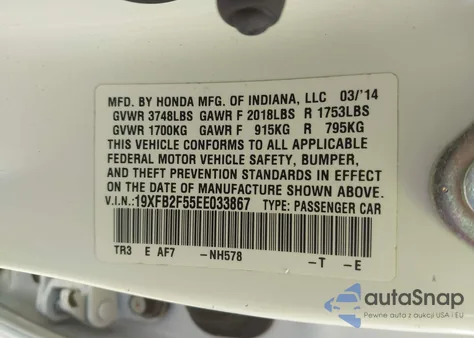 2014 Honda Civic Lx z USA, uszkodzony, nr VIN 19XFB2F55EE033867